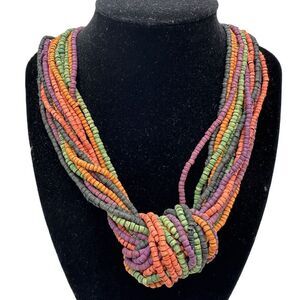Vintage Multistrand Wood Bead Knotted Necklace Multicolor Statement Bohemian